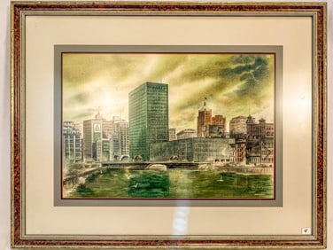 Bernhardt Wisconsin Artist Watercolor Depicting a Milwaukee River and Skyline