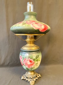 Signed Pittsburgh Oil Lamp with Rose Painted Matching Shade and Base