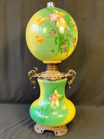 Large Banquet 2-Part Oil Lamp Hand-Painted Floral
