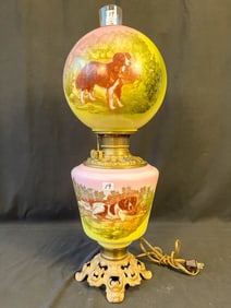 RARE 2-Part Oil Lamp Depicting Dogs on Shade and Base
