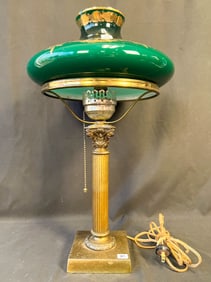 Early Electric Lamp with Green Case Glass Shade