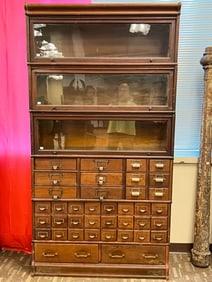 Antique 6-Section Stacking Bookcase with Rare Pigeon Hole Section