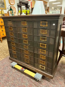 Antique Walnut File Section Cabinet with 24 Drawers in Original Finish Stenciling