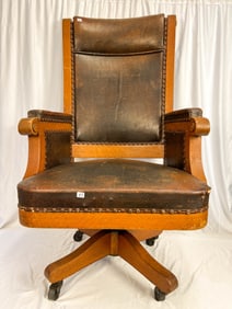 Antique Oak Roll-Top Desk Chair with High Back
