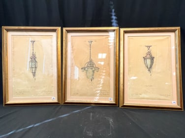 Three Hand Drawn Sketches of 1900s Light Fixtures for the Gross Chard Co. St Lou
