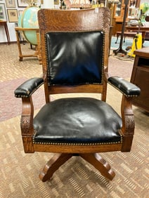 Oak Acanthus Carved Swiveled Roll Top Arm Desk Chair