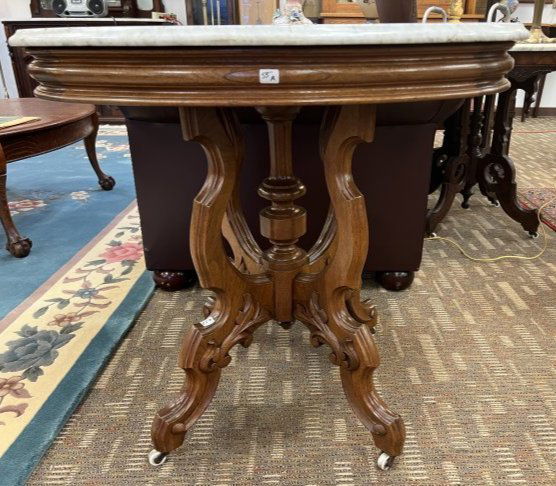 Victorian Oval White Marble Top Parlor Table with Elaborate Floral Carved Walnut (1 of 5)