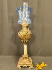 Elaborate Lamp with Elaborate Base and Blue Swirled Shade