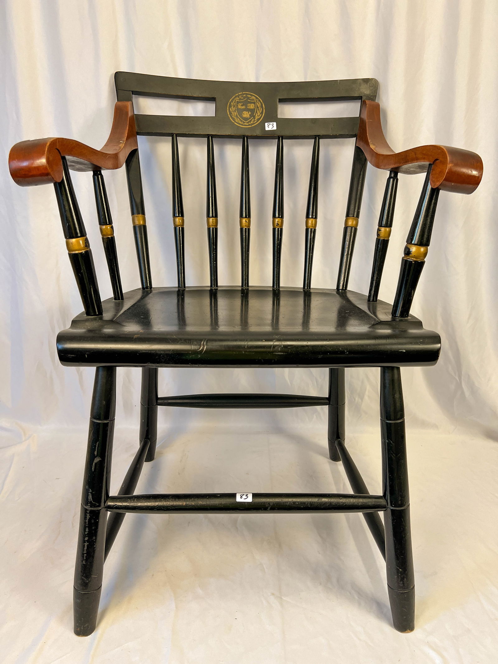 Hitchcock Arm Chair with the Harvard Logo: Hitchcock arm chair with the Harvard logo, measures 33" tall 23" across 20" deep