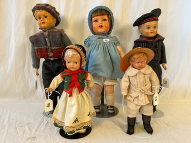 Five Antique Celluloid Dolls in Antique Clothes