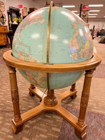 Vintage Large World Globe on Columned Carved Wooden Stand