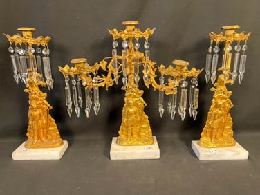 Three Piece Girandole Set with Marble Base and Figures