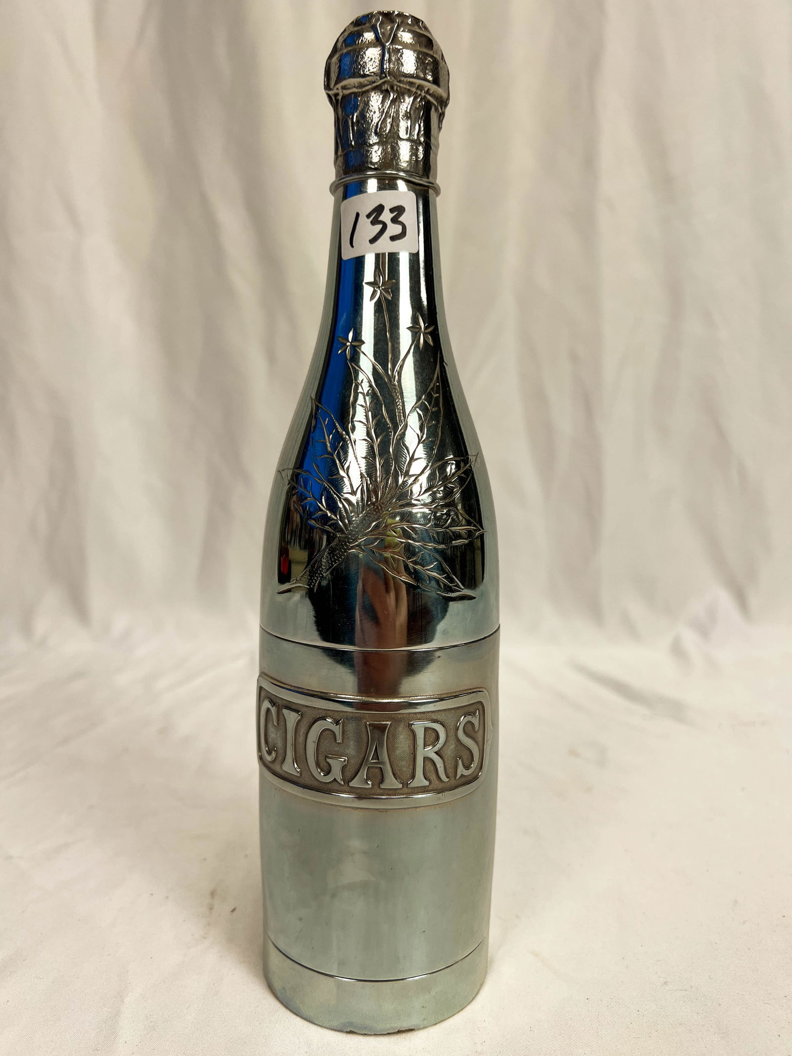 Rare Silverplate Cigar Humidor in the Shape of a Bottle (1 of 4)
