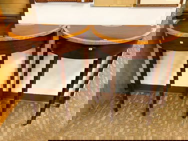 Pair of Contemporary Pencil Leg Half Tables with Banded Inlay