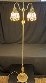 High Quality Double Armed Bronze and Alabaster Floor Lamp with Leaded Glass Shade
