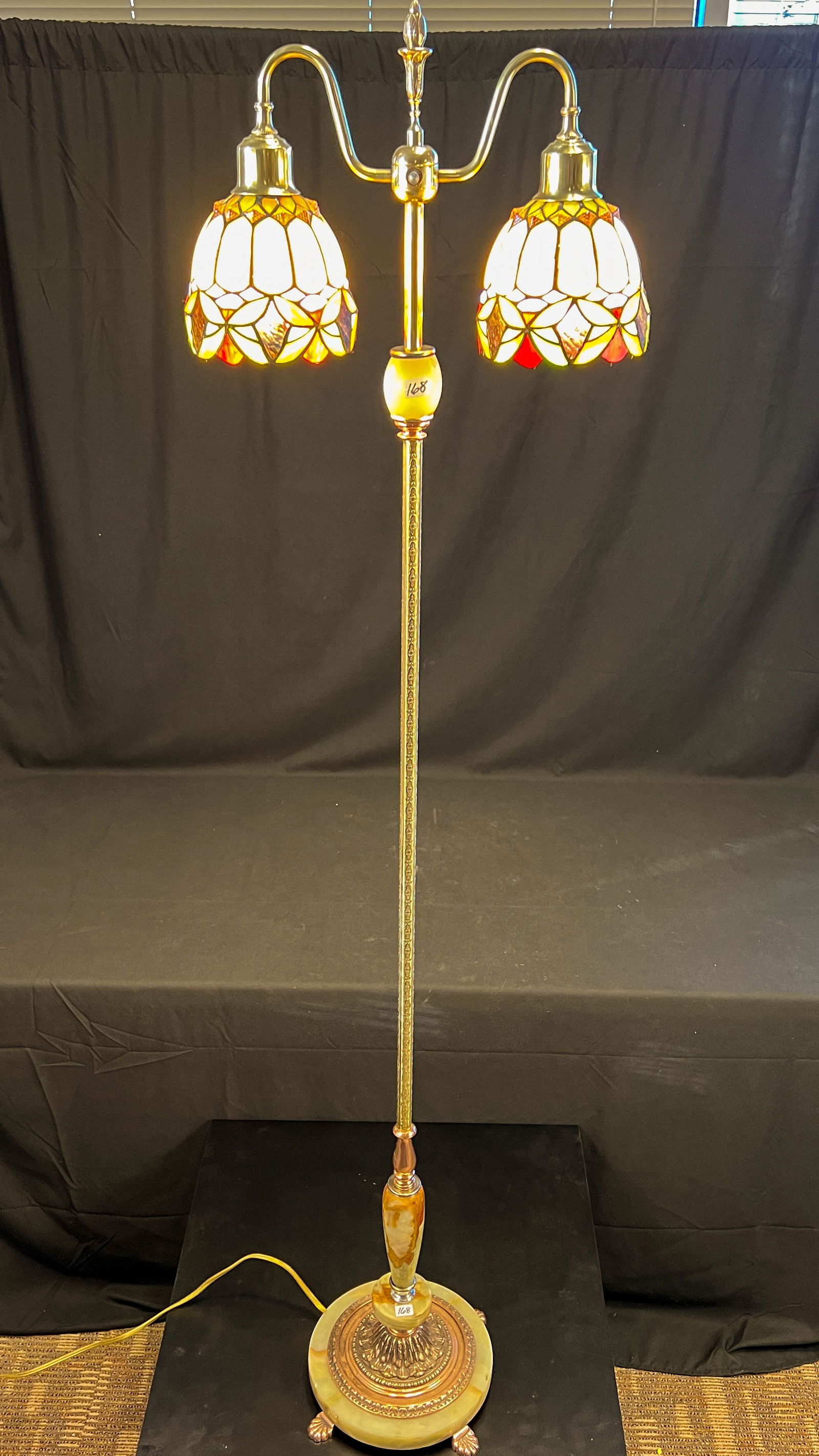 High Quality Double Armed Bronze and Alabaster Floor Lamp with Leaded Glass Shade (1 of 6)