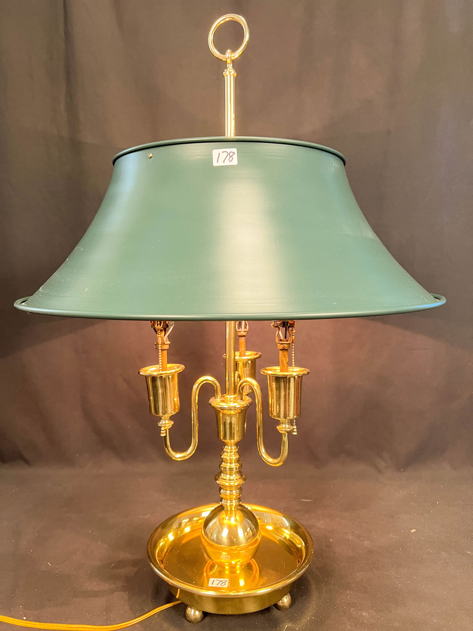 1920s Polished Brass 3-Arm Desk Lamp with Green Painted Brass Shade (1 of 4)