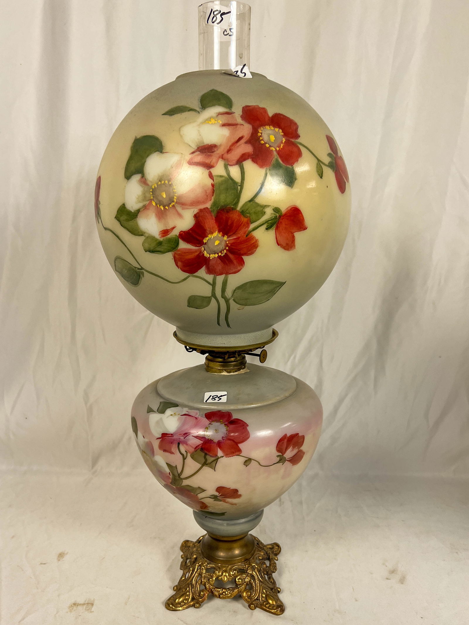 Two-part Gone with the Wind Oil Lamp with Hand Painted Floral Decorations (1 of 5)