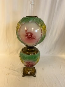 Two-part Gone With the Wind Oil Lamp with Portrait of Elk and Fawn