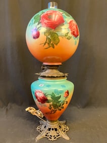Large Two-part Gone with the Wind Lamp with Hand Painted Roses, Elaborate Base