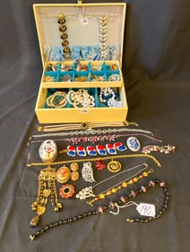Jewelry Box Filled with Rhinestone and Other Jewelry