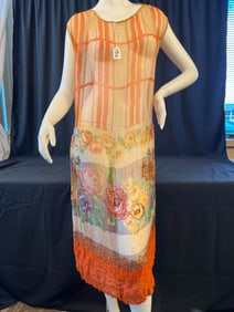 1920s Silk and Beaded Floral Print Flapper Dress