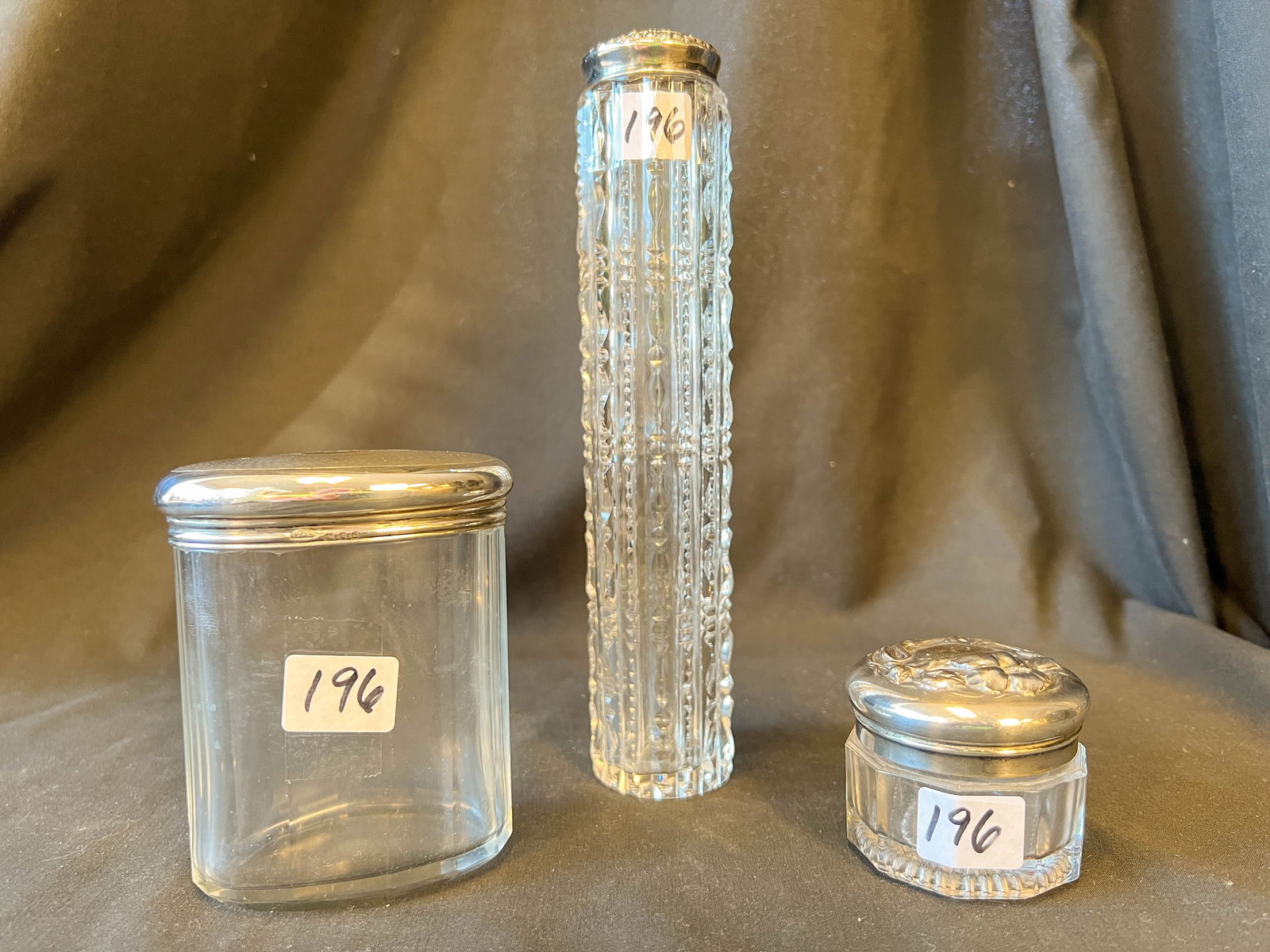 Group of Three Cut Crystal Dresser Jars with Sterling Tops (1 of 7)