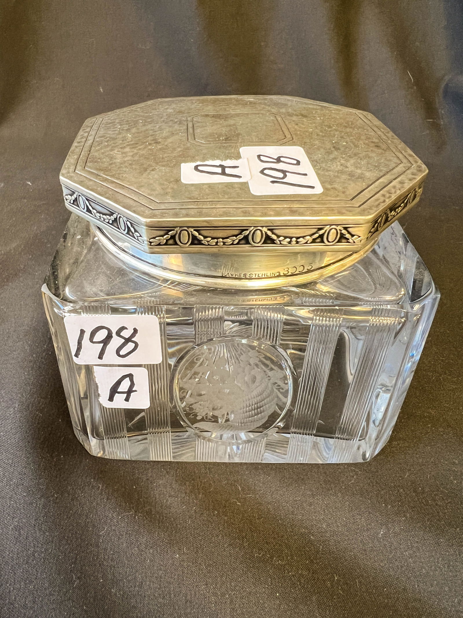 Large Hawke Fancy Cut Crystal and Sterling Covered Dresser Jar (1 of 6)