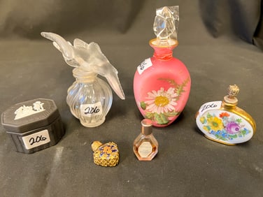 Antique Perfume Bottles to include Lalique, Pink Satin, Miniatures, and More
