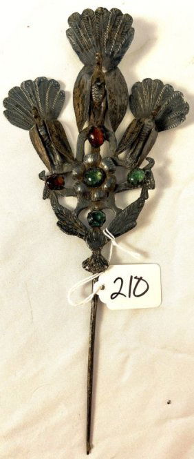 RARE Antique Sterling and Nickel Silver Mixed Peacock Oversized Hat Pin