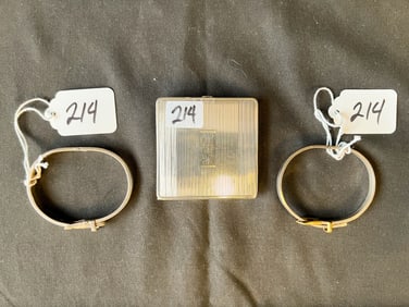 Two Sterling Silver Belt Bracelets and a Sterling Art Deco Compact