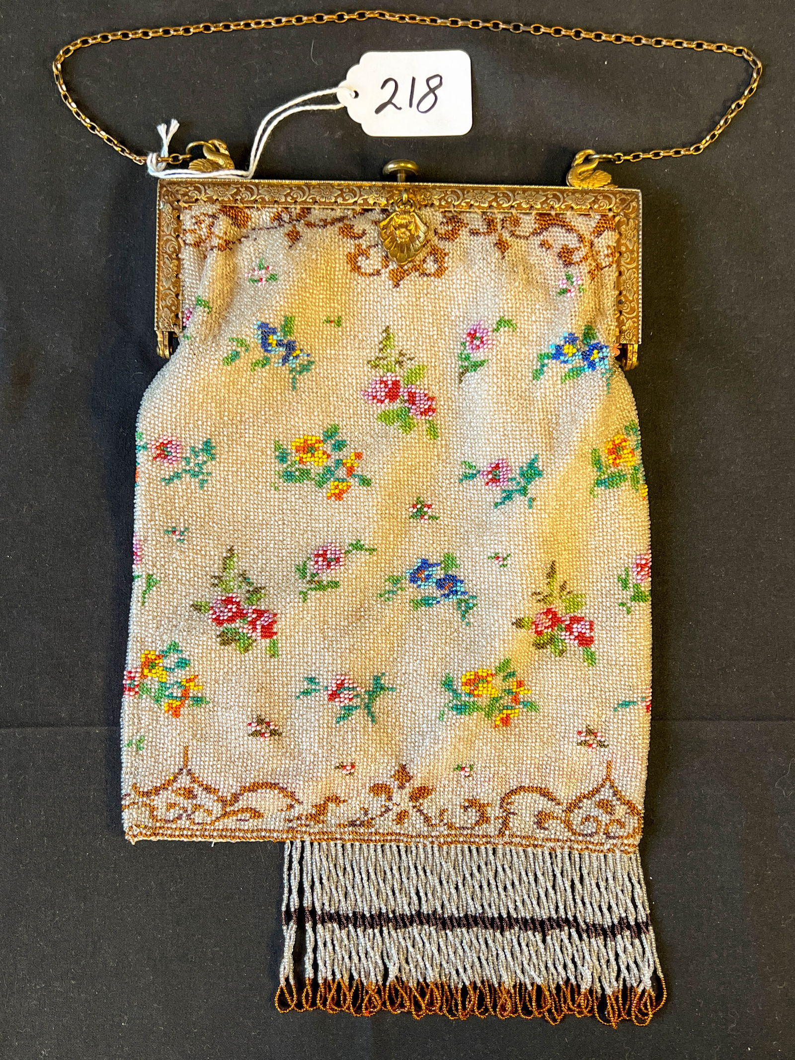 Antique French Beaded Bag with Floral Decorations with Pink Satin Interior (1 of 6)