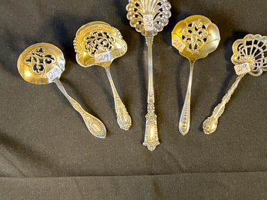 Group of Five Victorian Sterling Silver Straining Spoons Floral, Fleur de Lis