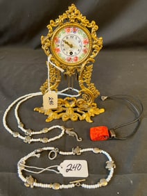 Vintage French Clock, Hand Painted Porcelain Face w/ Key & Pendulum, Necklaces
