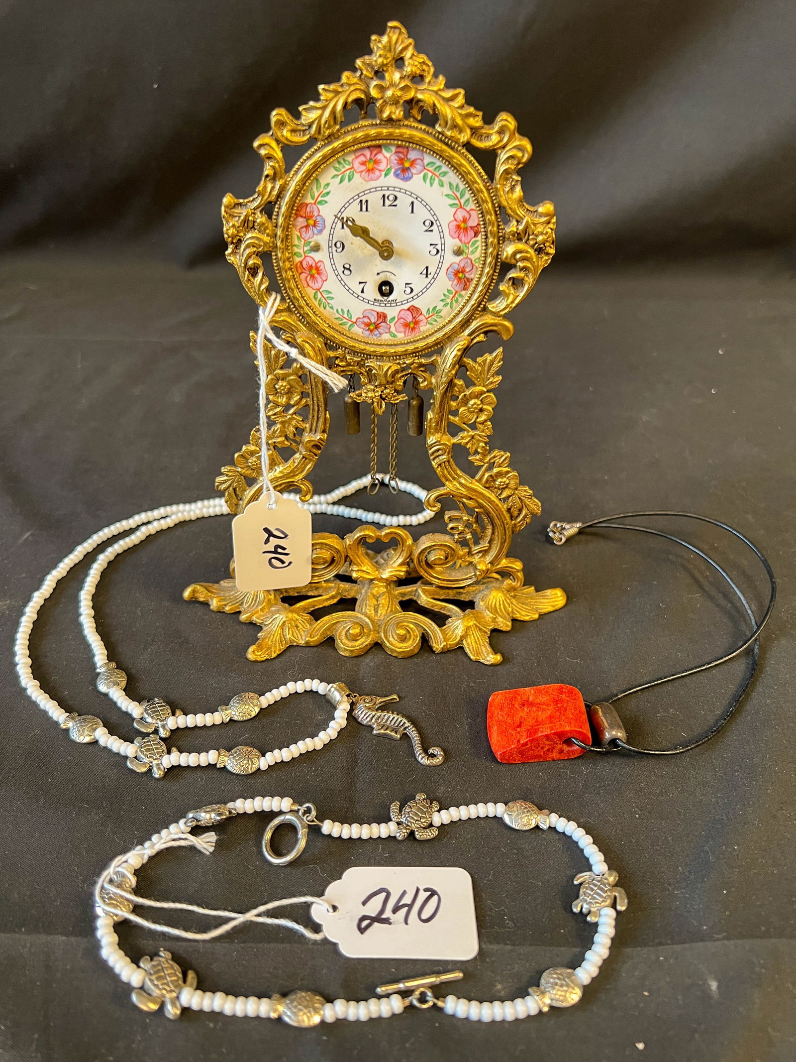 Vintage French Clock, Hand Painted Porcelain Face w/ Key & Pendulum, Necklaces (1 of 5)
