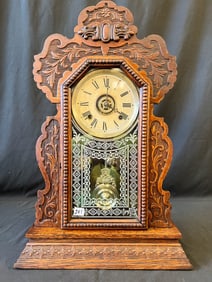 Antique Ansonia Fancy Pressed Carved Oak Kitchen Clock