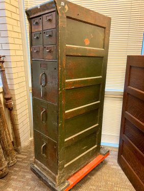 Unusual Oak Filing Cabinet with 3 Drawers and 6-Drawer Card File Top