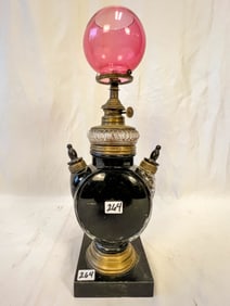 RARE Victorian Double Sided Oil Lamp Cigar/Cigarette Lighter with Cranberry Shade