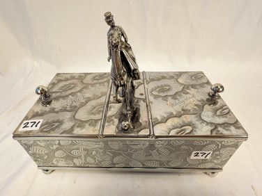 Signed Pairpoint Dated 1892 Silverplate Humidor, with Lady on Horseback