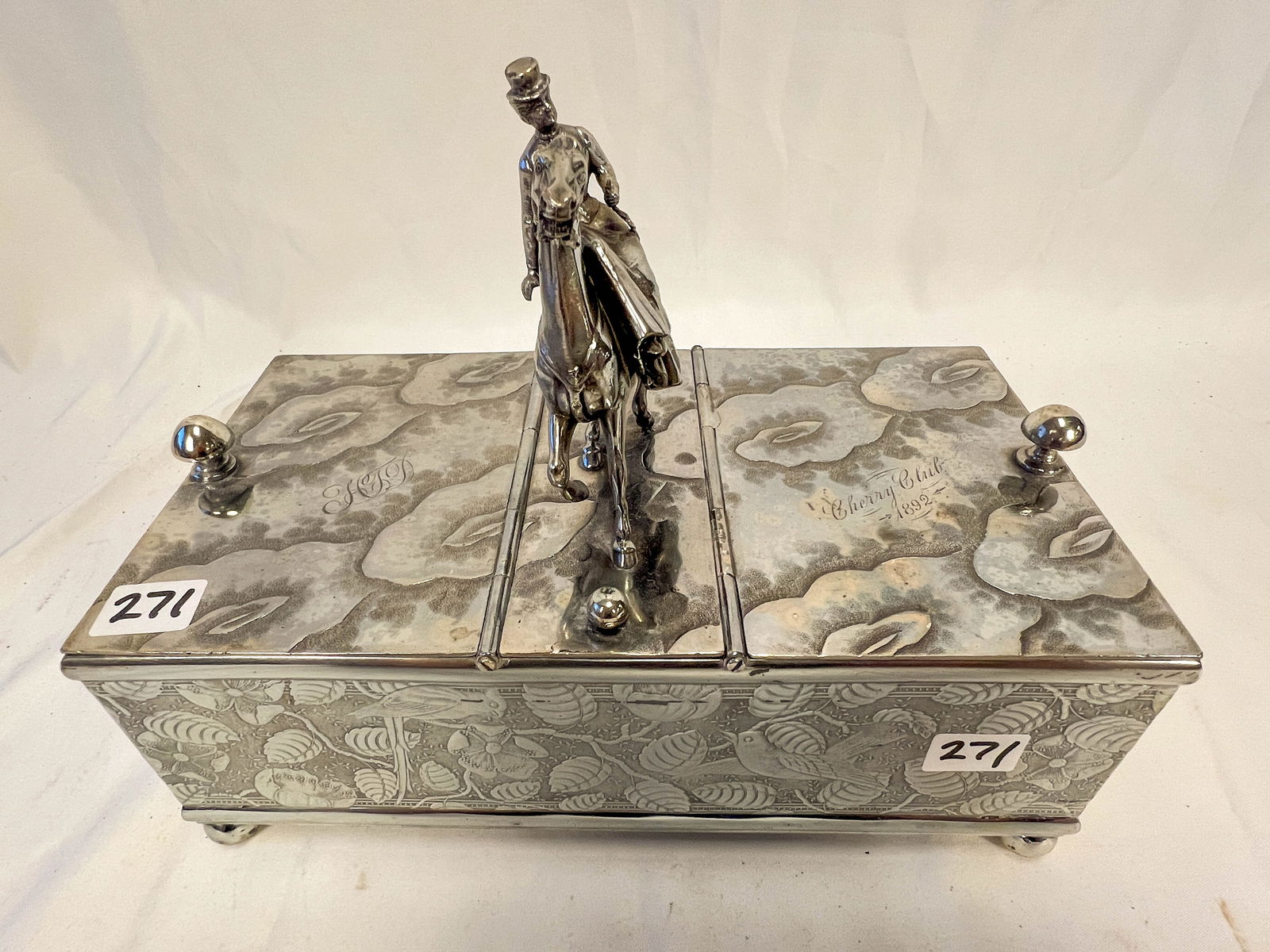 Signed Pairpoint Dated 1892 Silverplate Humidor, with Lady on Horseback (1 of 7)