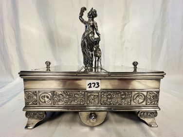 Victorian Silverplate Signed Reed & Barton Double Sided Humidor Woman and Fawn