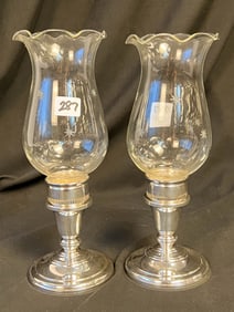 Pair of Sterling Silver Weighted Candlesticks with Cut Glass Hurricane Shades