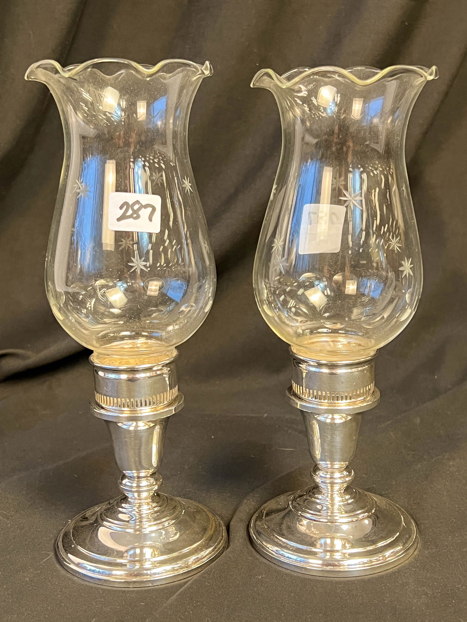 Pair of Sterling Silver Weighted Candlesticks with Cut Glass Hurricane Shades (1 of 3)