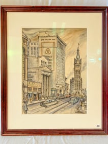 Max Fernekes Large Watercolor Depicting Milwaukee's City Hall
