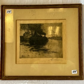Ernest Reed Steel ngraving (Purportedly) Depicting Boats on the Milwaukee River