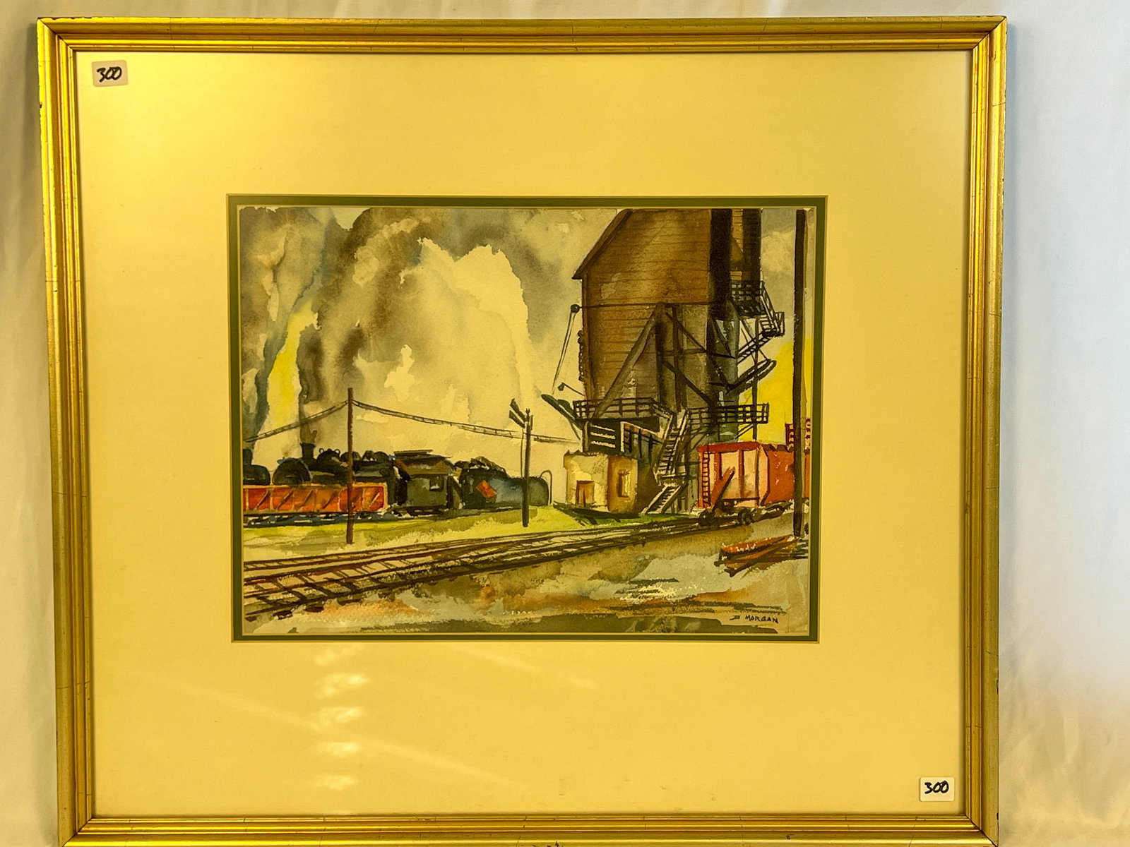 Morgan WPA Style Watercolor: Possibly J. S. Morgan signed, W.P.A. watercolor depicting the Milwaukee Menomonee River rail system in the early 40's. It has a Gallery tag from Lane-Blackbourn Gallery, 1128 Grace Court Janesville Wi