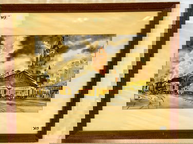 Unsigned W.P.A. Style Watercolor of a Rail Yard.