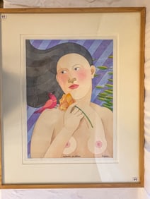 Francisco X. Mora Listed Artist Original Watercolor of Female Nude with Bird, Flower