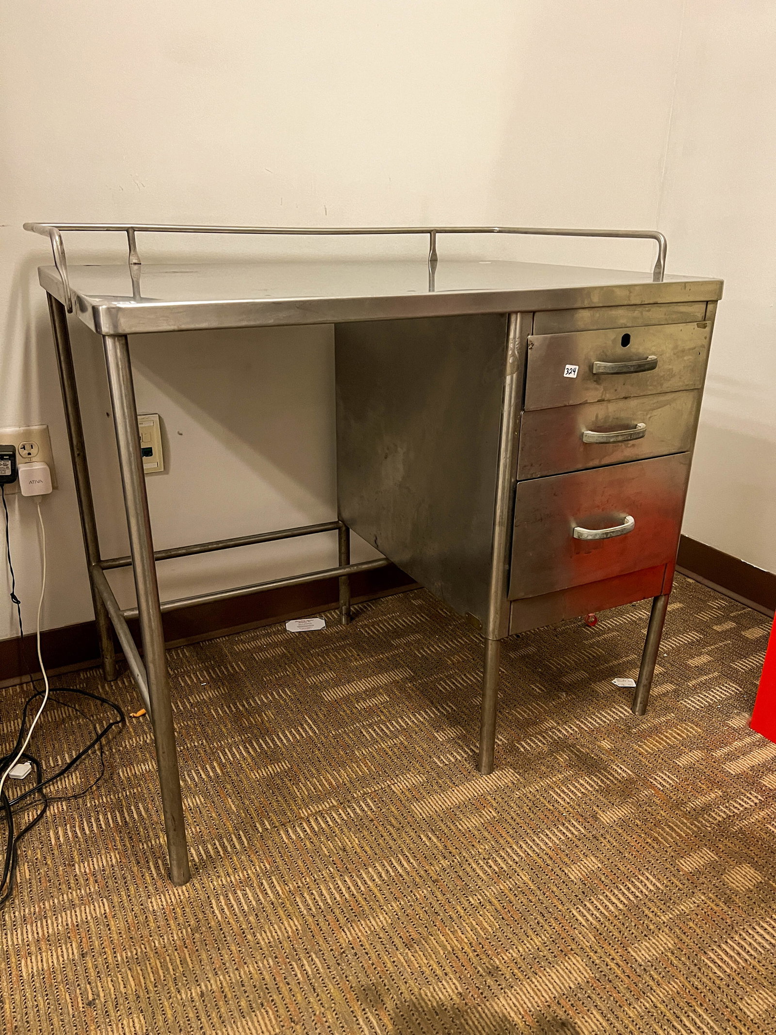 1950s Industrial 3-Drawer Desk with Gallery in Brushed Chrome (Possibly Royal Ch: 1950s Industrial 3-drawer desk with gallery in brushed chrome. Measures 34" tall by 36" across by 24" deep