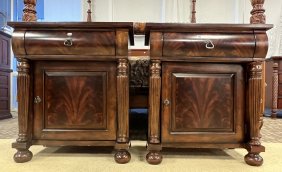 Pair of Flamed Mahogany Single Drawer Nightstands with Cabinet Base, Pillared Front